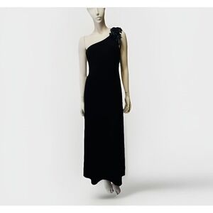 Vintage JS Boutique Black‎ One-Shoulder Dress with Beaded Flower Appliqué